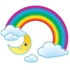 Colorful rainbow sticker with a smiling moon, perfect for decorating a child\'s room.