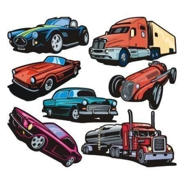 Colorful vehicle sticker set, perfect for decorating a child\'s room or play area.