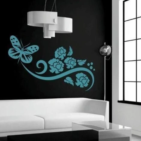 Chinese painting template 18 - Graphic design featuring butterflies and flowers on a wavy line.