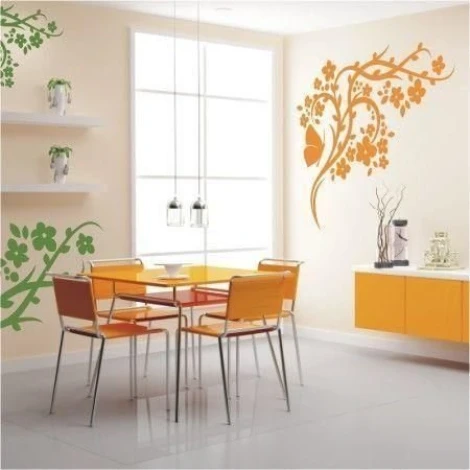 Chinese painting template 72 - Kitchen arrangement with light walls, metal-legged table, and orange chairs.
