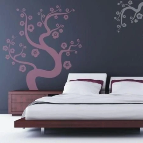 Stylish tree with purple flowers, perfect for a modern minimalist bedroom.