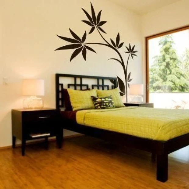 Japanese painting template 09 - Bedroom arrangement. Light-colored walls, dark-hued furniture.
