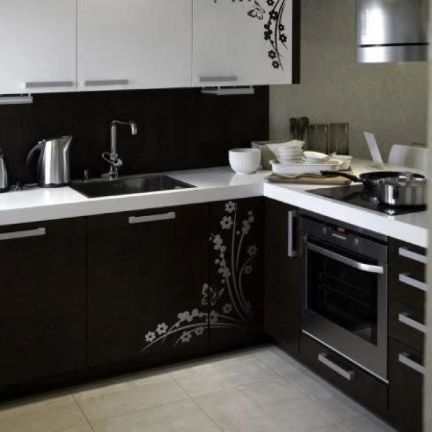 Japanese painting template 26 - Kitchen arrangement. Dark furniture with white fronts and subtle patterns.