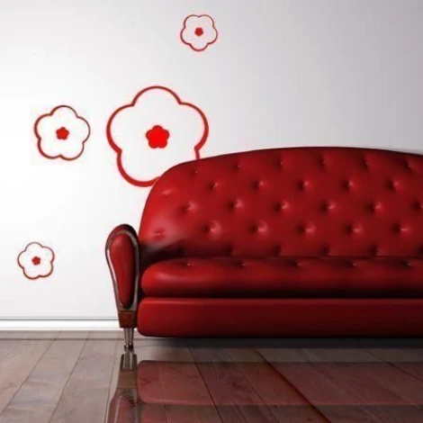 Floral patterned classic painting template 086 enlivens a modern living room with a red sofa, adding vibrancy.