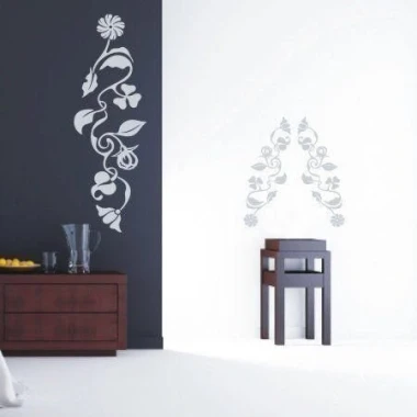 Climbing plant stencil 002 - Living room decor. Dark wall with light botanical pattern next to furniture.
