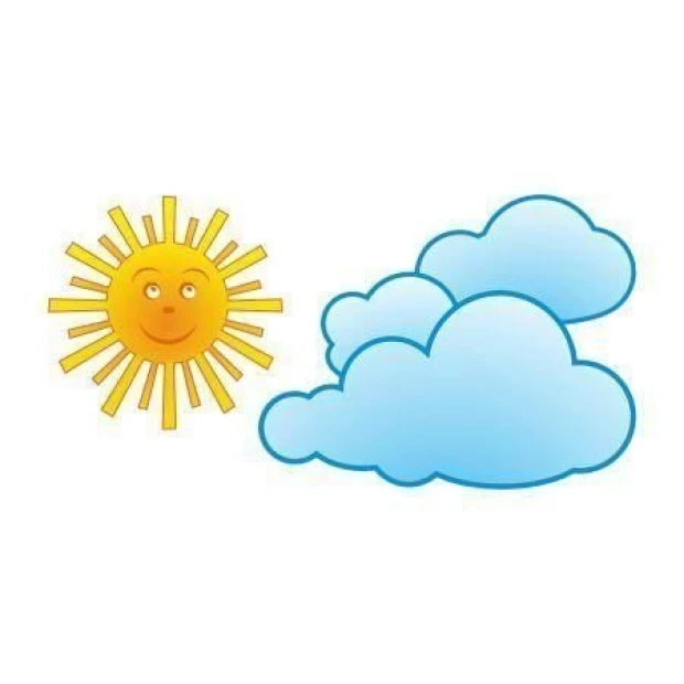 Cloud and sun sticker 51 - Graphic design featuring a sun with rays and blue clouds in various shapes.