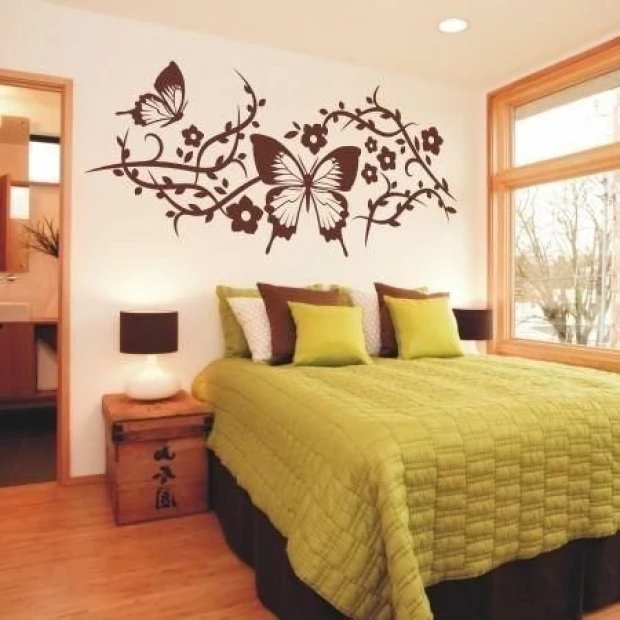 Floral painting template with butterflies 0902, perfect for a cozy bedroom in shades of green and brown.