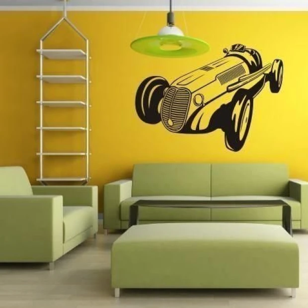 Dynamic painting template of a sports car 0817 in a modern living room with green furniture against a yellow background.