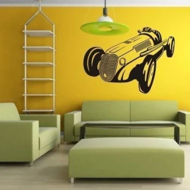 Dynamic painting template of a sports car 0817 in a modern living room with green furniture against a yellow background.