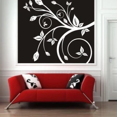 Painting template branch 1034 - Living room decor. Dark walls with a white floral pattern.