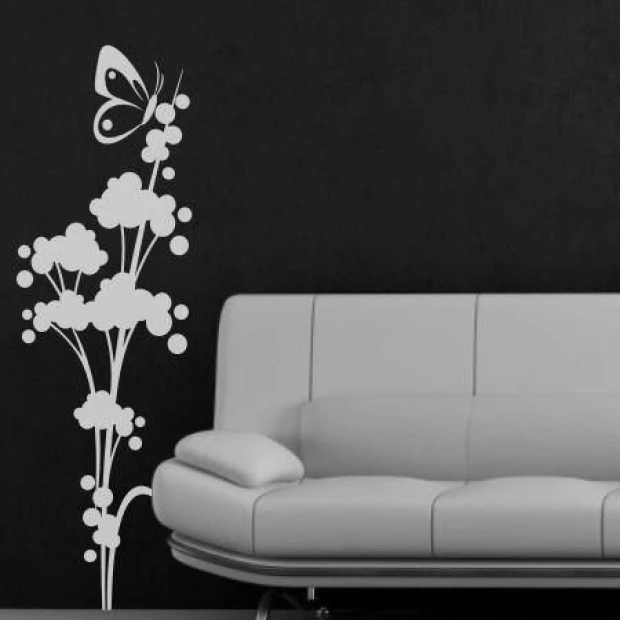 Japanese painting template 15 - Living room arrangement. Dark wall with white floral pattern and butterfly.