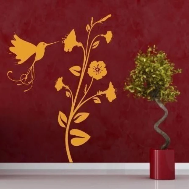 Hummingbird floral painting template 1102 - Living room decor with dark red walls and plant graphics.