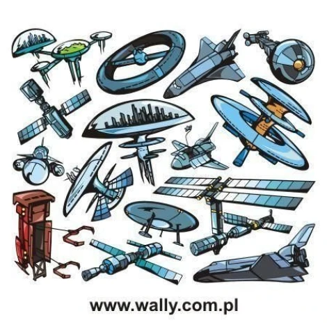 Space sticker set 1000 - Graphic design featuring various spacecraft, satellites, and orbital stations in vibrant colors.