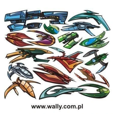 Space Stickers Set 1001 - Graphic design featuring various colorful spacecraft in dynamic shapes.