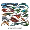 Space Stickers Set 1001 - Graphic design featuring various colorful spacecraft in dynamic shapes.