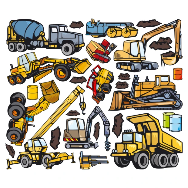 Set of machine stickers 0998 - Graphic design featuring various construction machines like excavators, trucks, and concrete mixers.