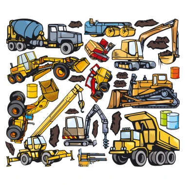 Set of machine stickers 0998 - Graphic design featuring various construction machines like excavators, trucks, and concrete mixers.