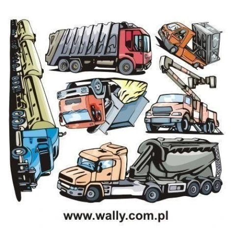 Machine sticker set 0999 - Graphic design featuring vehicles like trucks, cranes, and cars in various poses.
