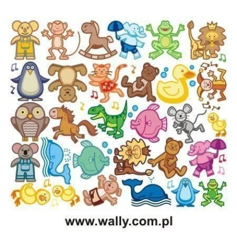 Animal sticker set 1002 - Colorful designs featuring monkeys, lions, fish, and elephants in various styles.