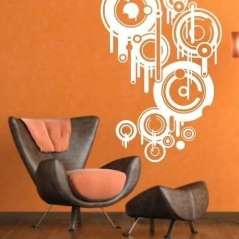 Abstract painting template 1133 - Living room setup. Orange wall, furniture in shades of brown.
