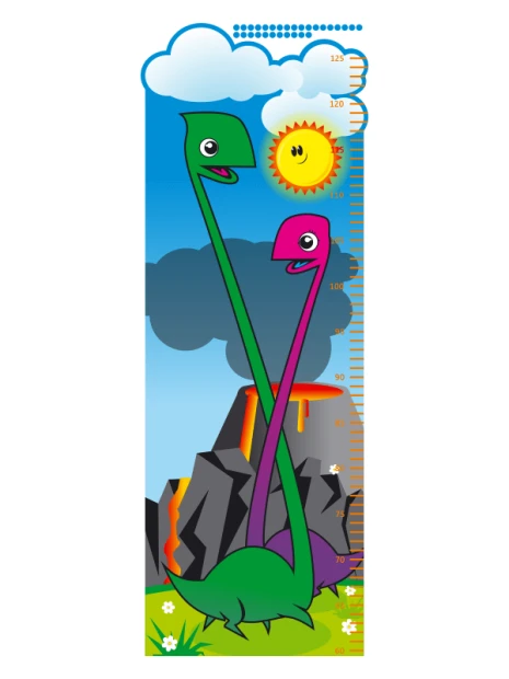 Height measurement sticker 1139 - Graphic design with two colorful dinosaurs, clouds, sun, and a volcano in the background.