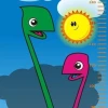 Height chart sticker 1139 - Graphic design featuring two long, colorful smiling elephants and the sun.