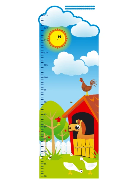 Growth chart sticker 1140 - Features rural scenes with sun, clouds, animals, and a cottage.