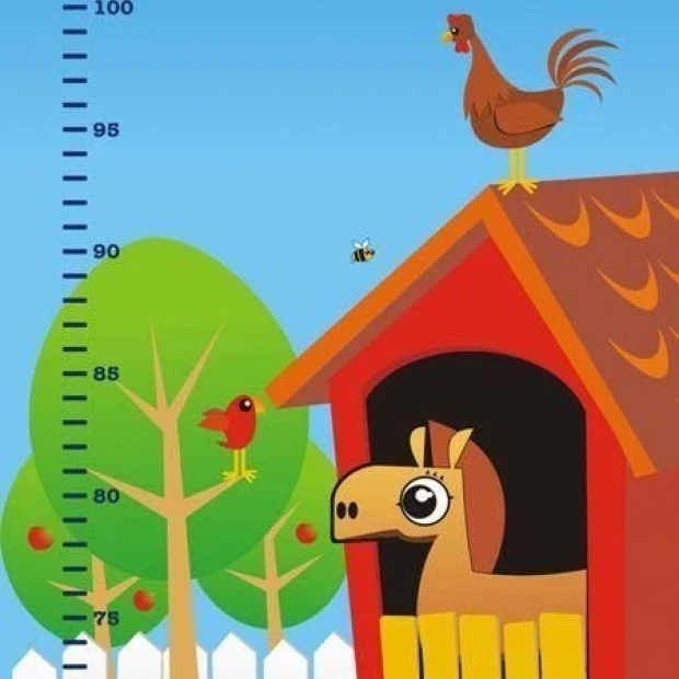 Height chart sticker 1140 - Graphic design featuring a house with a horse, trees, and birds on a blue background.