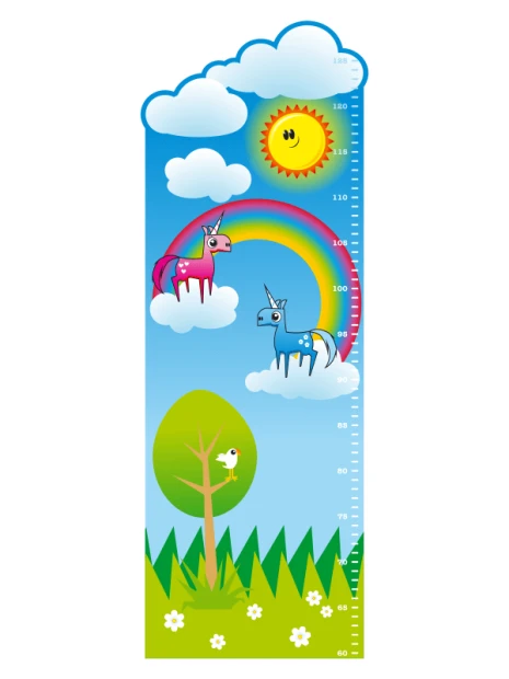 Height chart sticker 1142 - Graphic design featuring two unicorns on clouds, a rainbow, sun, and tree.