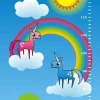 Height chart sticker 1142 - Graphic design featuring two unicorns on clouds, a rainbow, and sun on a blue background.