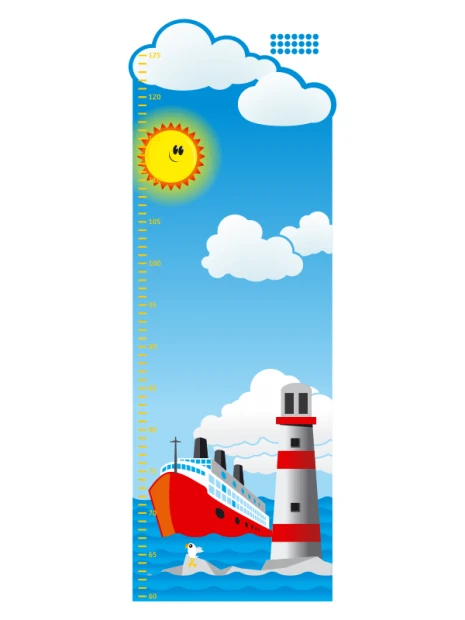 Height chart sticker 1144 - Graphic design featuring a ship on water, a lighthouse, sun, and clouds.