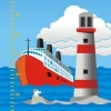 Height chart sticker 1144 - Graphic design. Ship on water next to a lighthouse, clouds, and birds.
