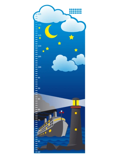 Height chart sticker 1145 - Graphic design featuring a ship, lighthouse, clouds, and stars at night.