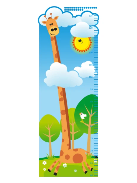 Height chart sticker 1146 - Features a giraffe among clouds, sun, and trees.