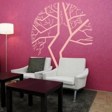 Tree painting template 1137 - Living room arrangement with pink wall, white furniture, and lamp.