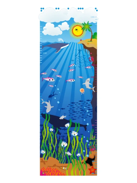 Height chart sticker 1149 - Graphic design featuring an underwater world with fish, plants, and the sun.
