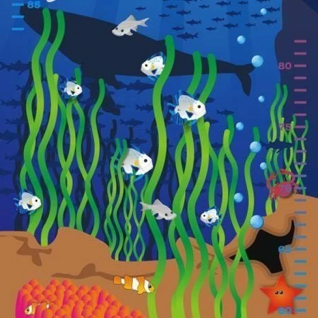 Height chart sticker 1149 - Graphic design featuring water, fish, aquatic plants, and shells in the background.