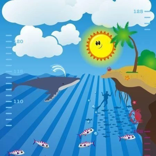 Growth chart sticker 1149 - Features marine motifs with a whale, fish, palm tree, and sun.