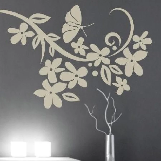 Elegant floral and butterfly painting template, perfect for a modern interior in muted tones.