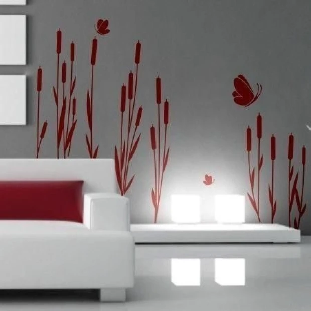 Butterfly painting template in grass 1151 - Living room arrangement. Gray walls, white furniture, minimalist style.