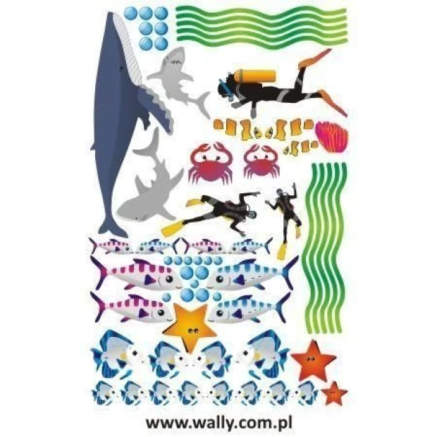 Ocean sticker set 1150 - Graphic design featuring fish, sharks, crabs, divers, and sea flies.