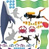 Ocean sticker set 1150 - Features whales, sharks, divers, crabs, and various wave shapes.