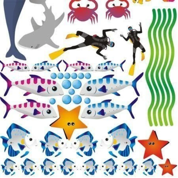 Ocean sticker set 1150 - Features fish, crabs, divers, and waves in a graphic design.