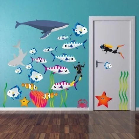 Ocean sticker set 1150 - Decor for a child\'s room. Blue walls with marine elements.