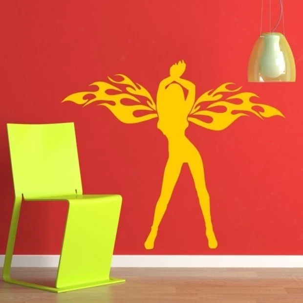 Angel woman sticker 1640 in an energetic design against fiery red, perfect for modern decor.