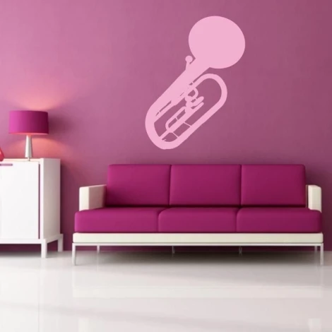 French horn sticker 1615 in a stylish arrangement on a pink wall of a modern living room, adding elegance.