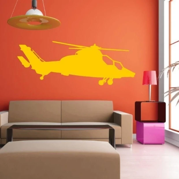 Helicopter painting template in vibrant yellow, perfect for a modern living room with orange accents.