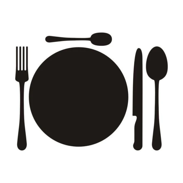 Chalk sticker 050 plate cutlery - Graphic design. Black outlines of plate, fork, knife, and spoon on a white background.