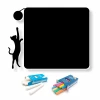 Black chalkboard with a cat silhouette and colorful chalks.