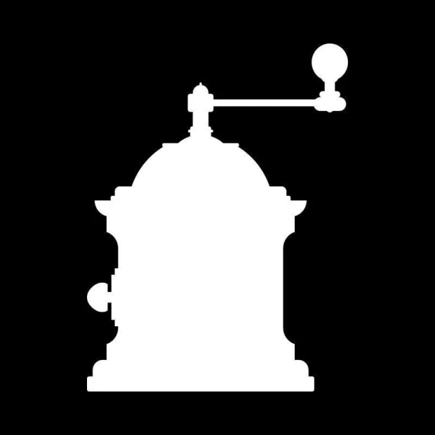 White outline graphic of a coffee grinder on a dry-erase board.